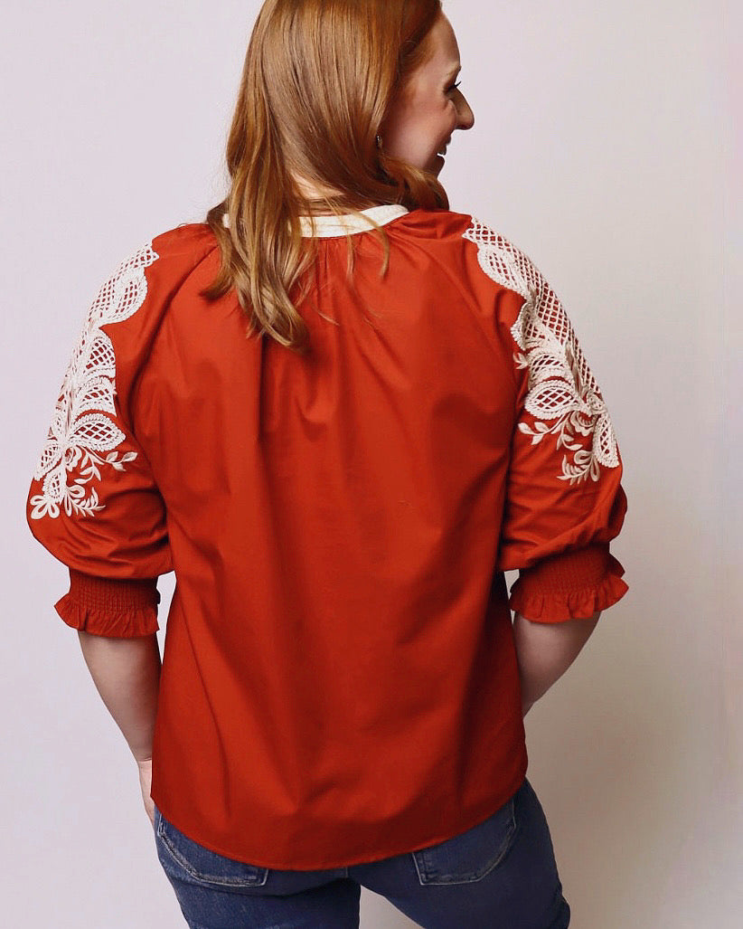 Ariel Embroidered 3/4 Sleeve Top in Rust
