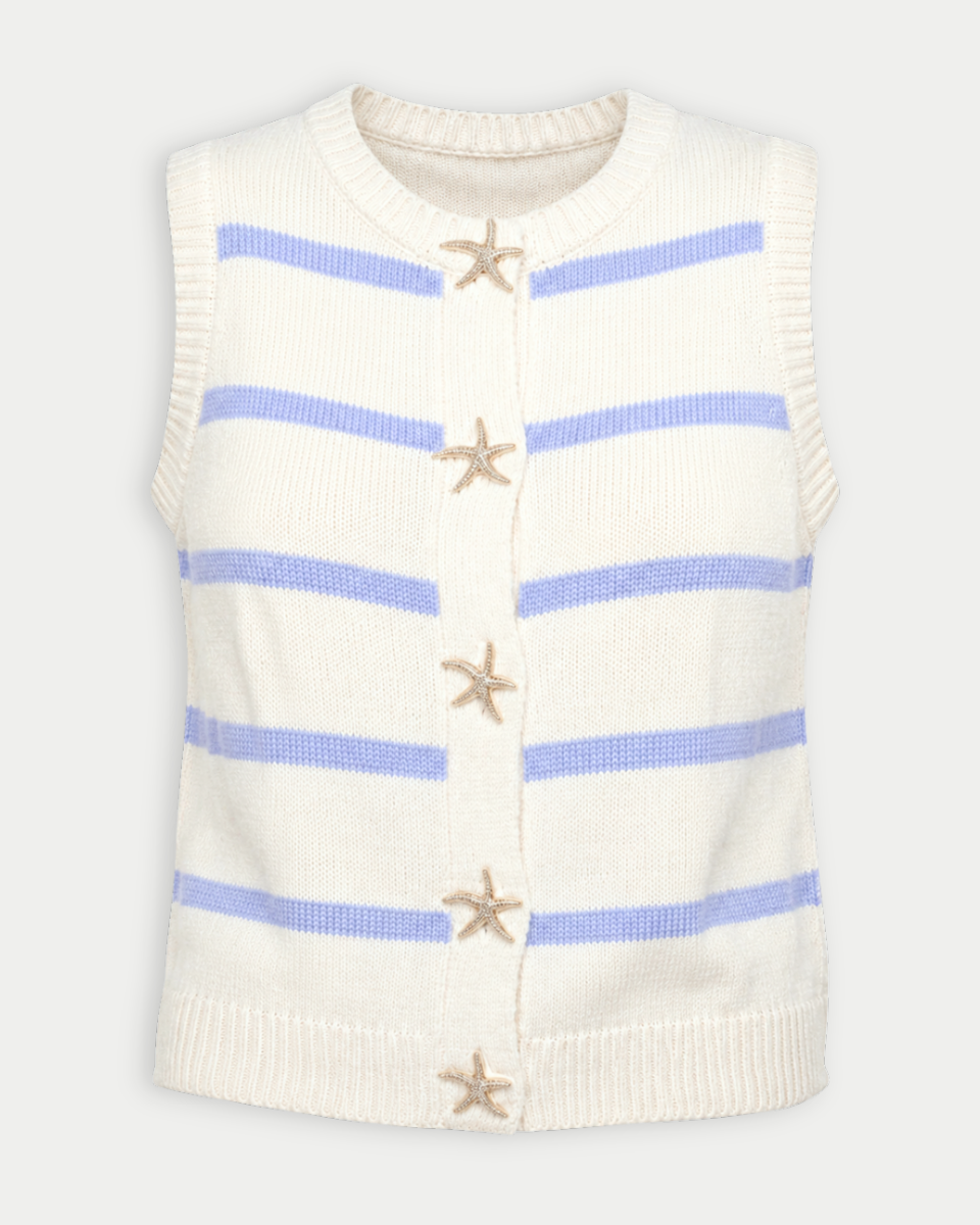 White sleeveless sweater vest with blue stripes and starfish decorations on a white background