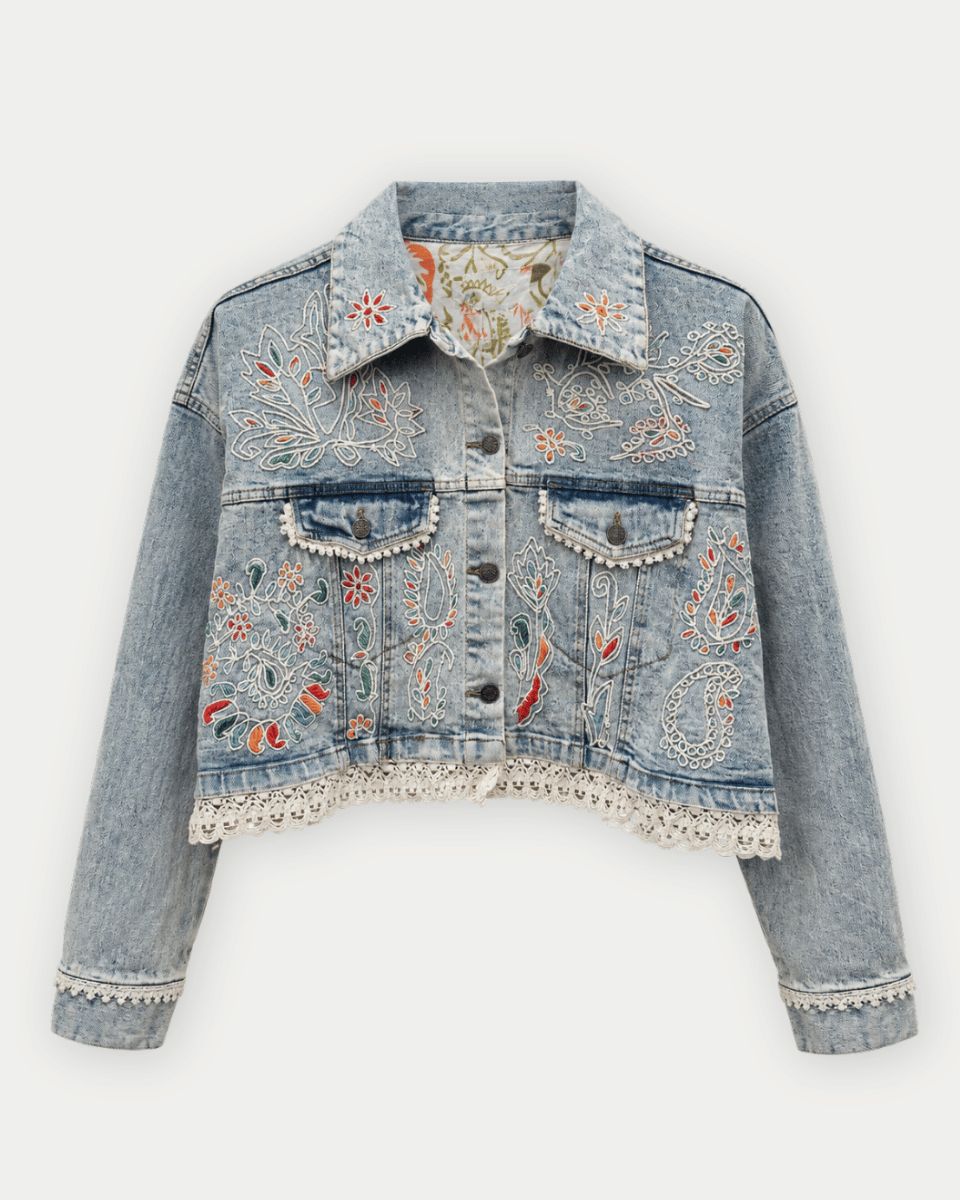 Arlo Floral Embroidery Lace Trim Denim Jacket