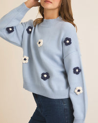 Mock Neck Floral Knit Sweater in Baby Blue