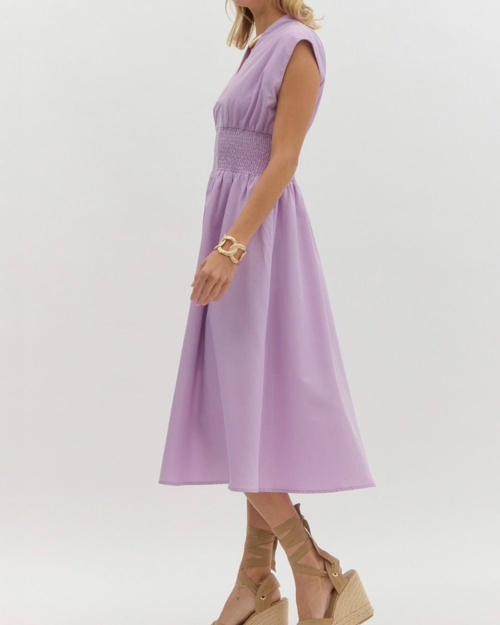 Solid V-Neck Sleeveless Midi Dress in Lavender