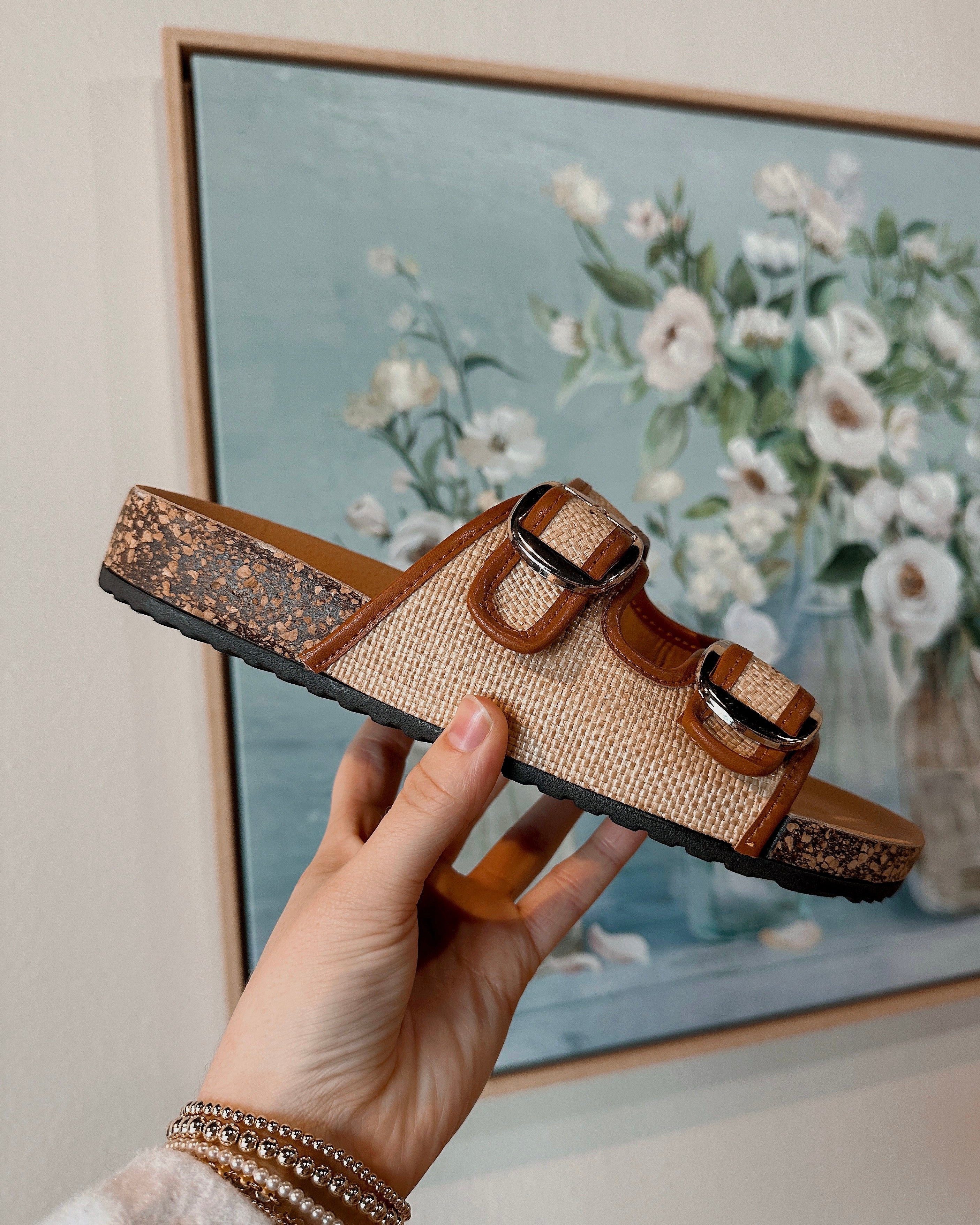 Double Buckle Raffia Sandals