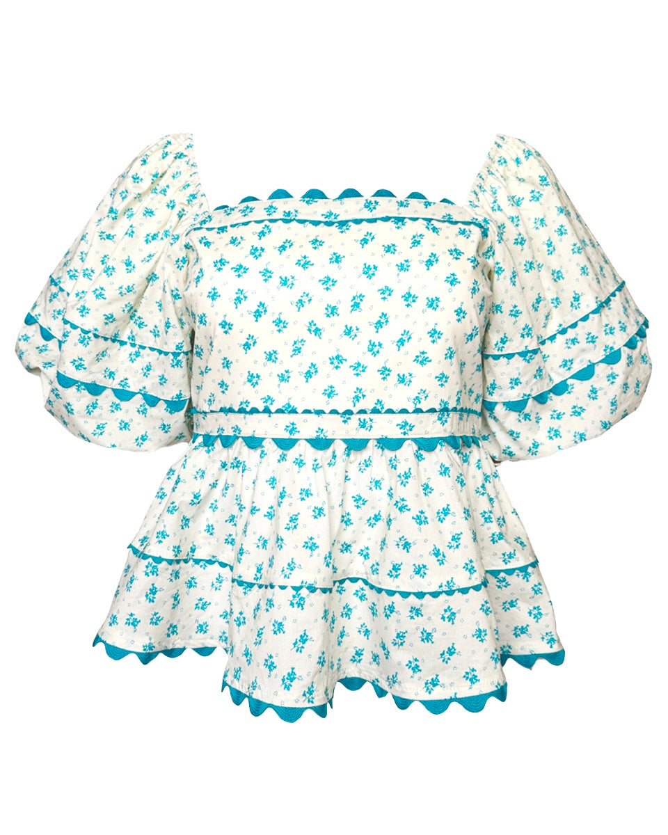 Floral Babydoll Top in Ecru/Teal - Blackbird Boutique