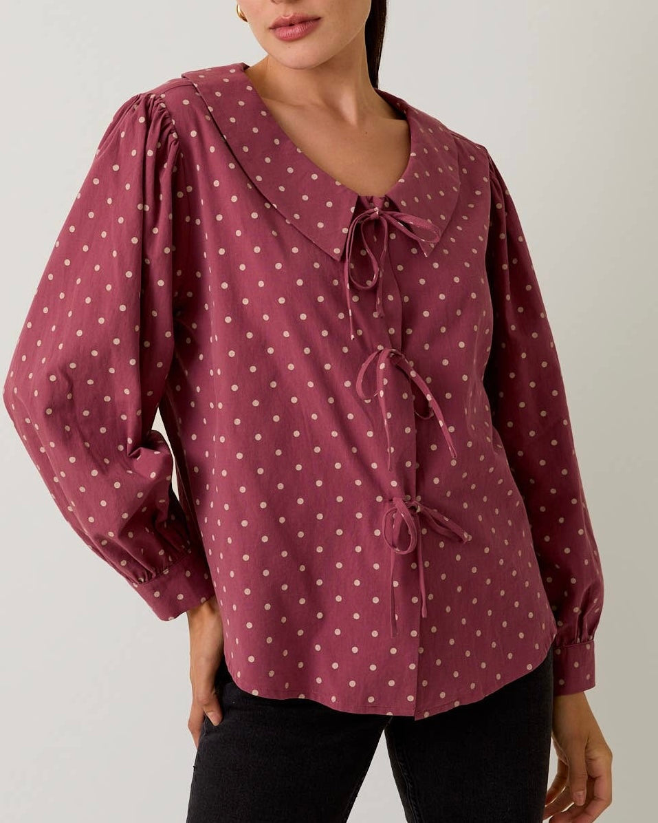 Front Tie Long Sleeve Polka Dot Shirt - Blackbird Boutique