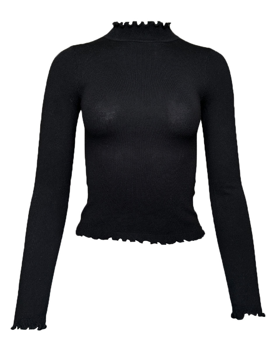 Lettuce Trim Mock Neck Knit Top in Black - Blackbird Boutique