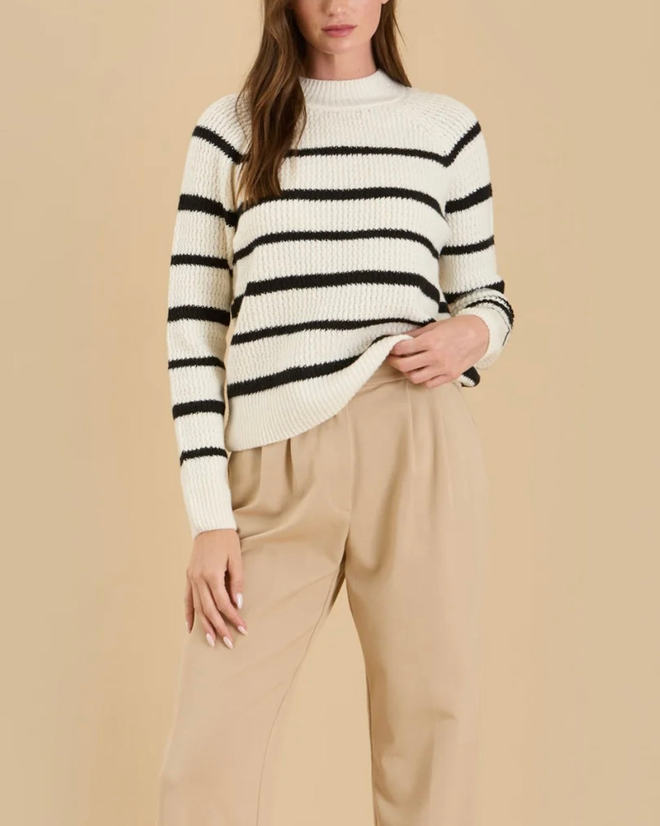 Stripe High Neck Knit Pullover Sweater in Oatmeal/Black