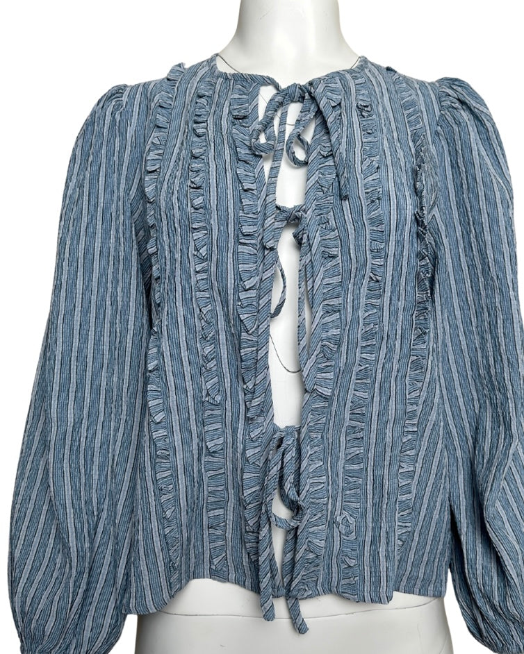 STRIPE TIE DETAIL LONG SLEEVE BLOUSE - BLUE