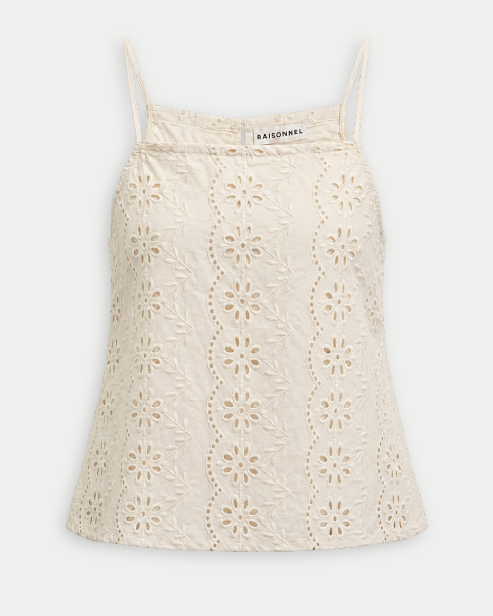Raisonnel Beige lace camisole with 'MAISON' branding on a white background