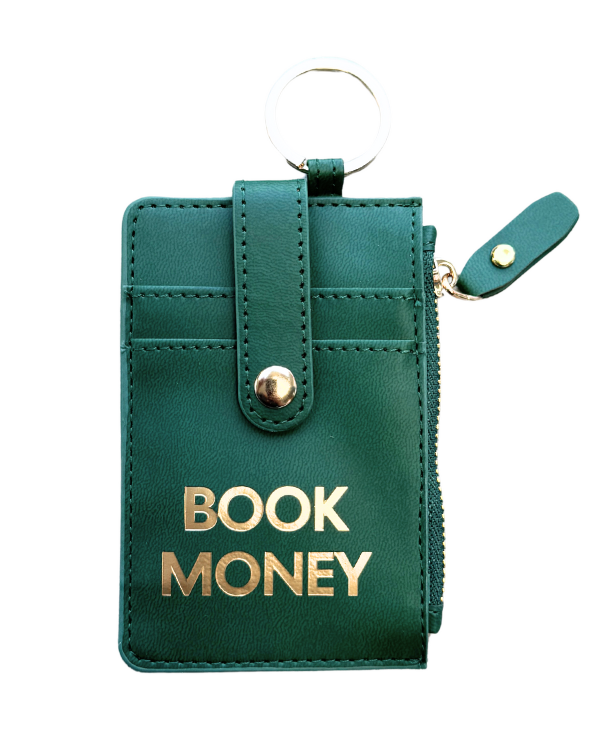 Green wallet with 'BOOK MONEY' text on a white background