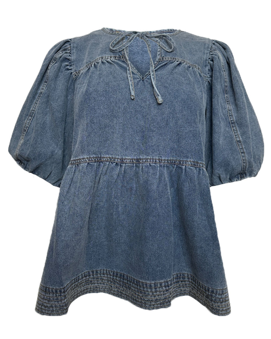 Denim Tie Front Tiered Top with Bubble Sleeves