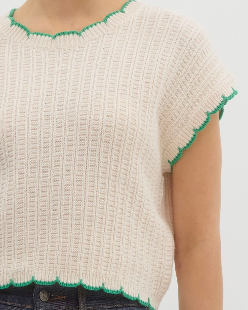 Solid Pullover Knit Sweater Top in Off White With Green Piping - Blackbird Boutique