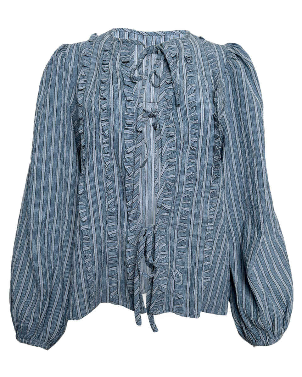 STRIPE TIE DETAIL LONG SLEEVE BLOUSE - BLUE