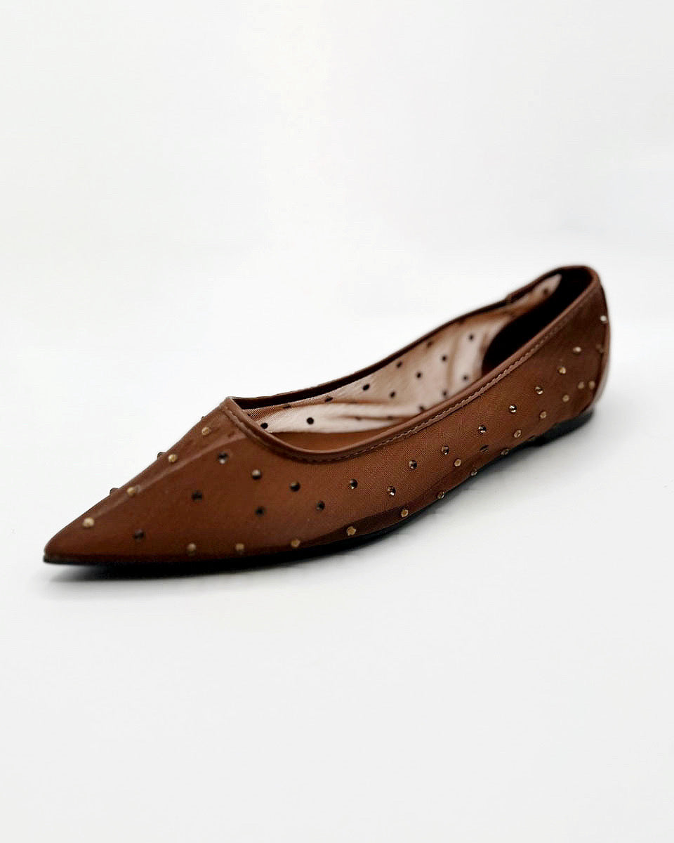 POINTED TOE RHINESTONE MESH FLATS IN BROWN - Blackbird Boutique