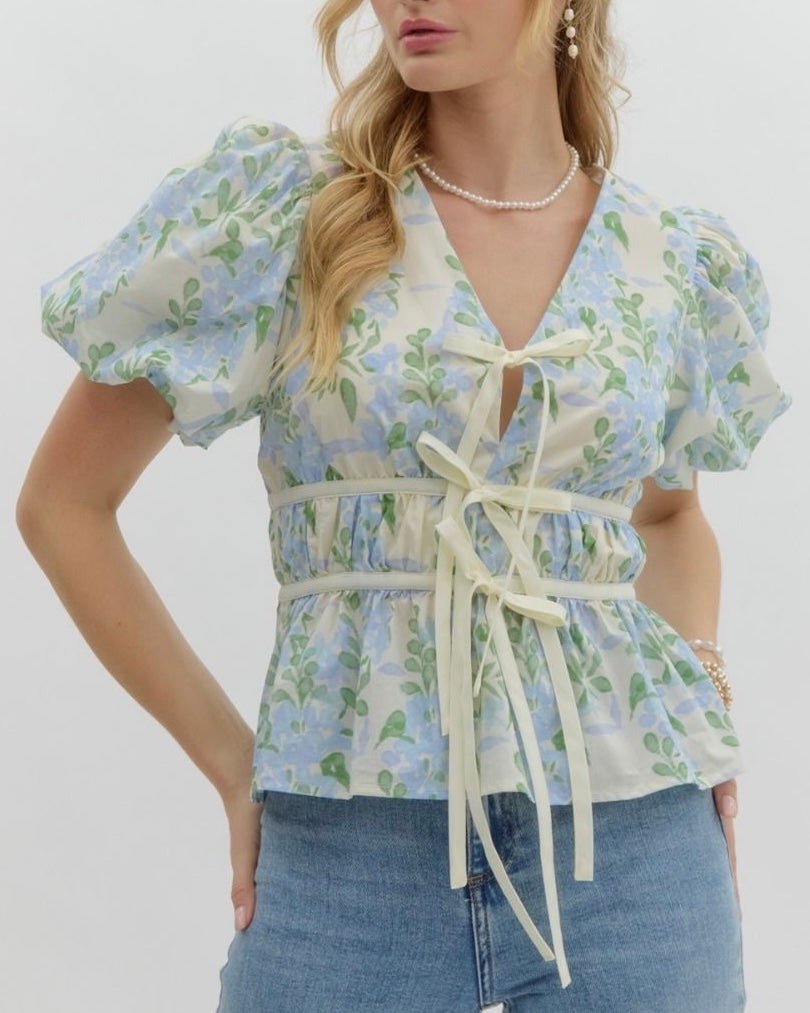 Floral Tie Front Top in Cream/Blue