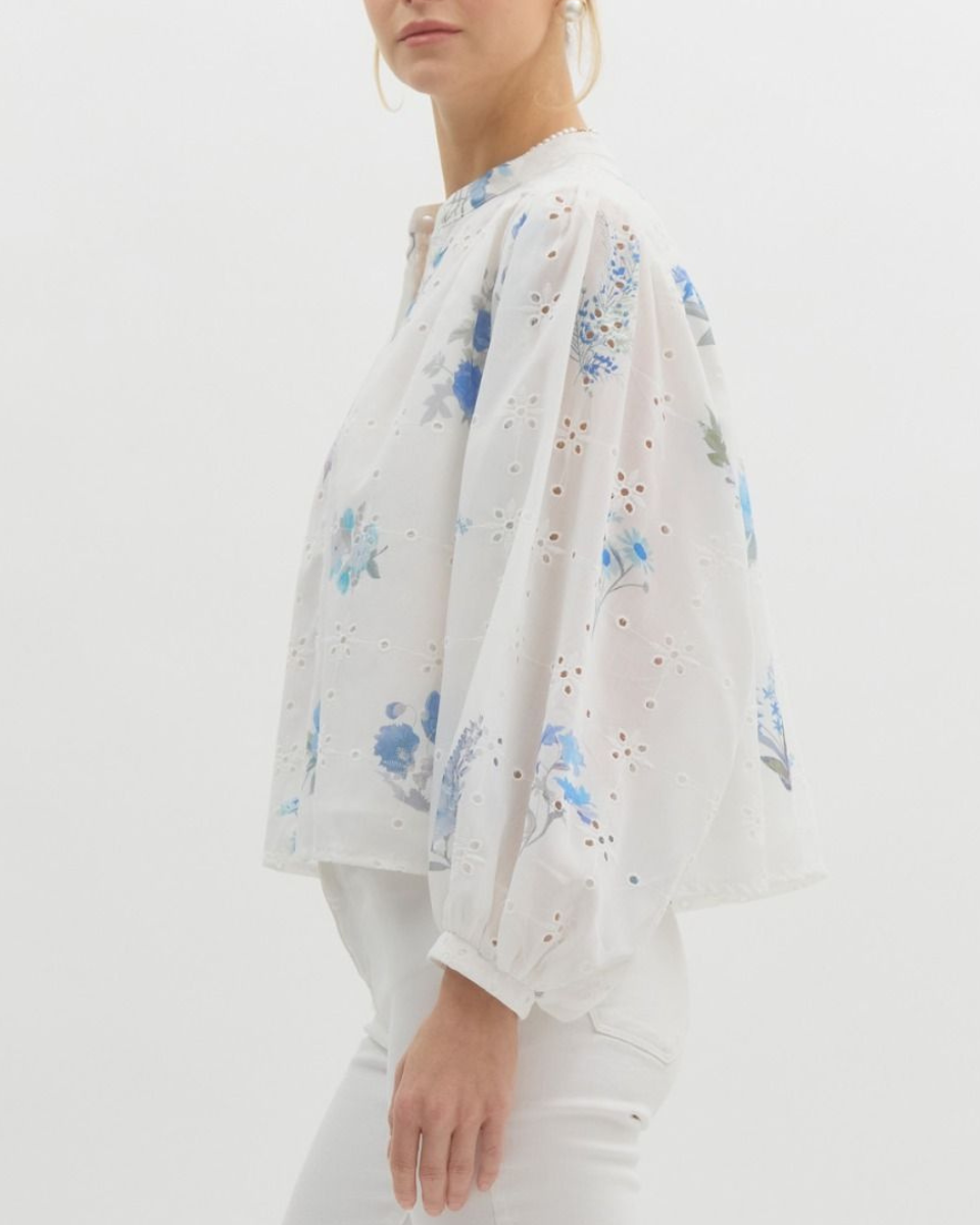 Floral Print Eyelet Dolman Sleeve Top In Blue Combo