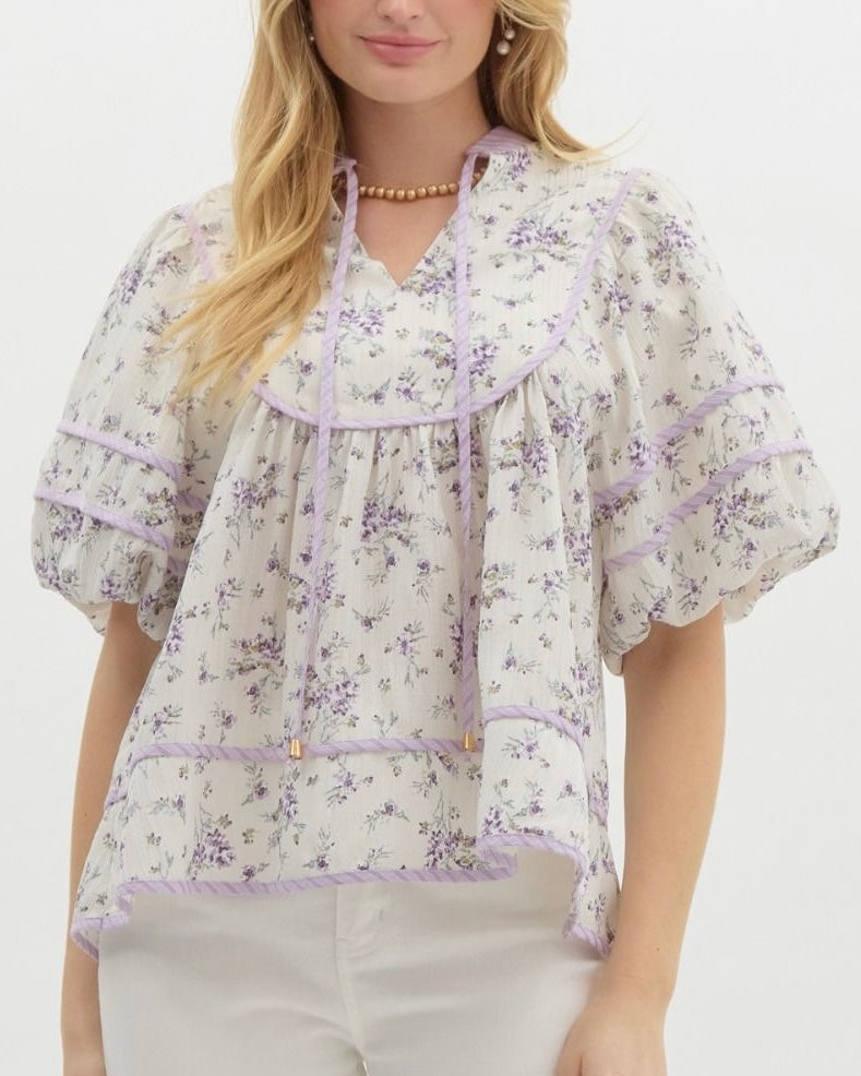 Floral Print Bubble Sleeve Pullover Top in Lavender Mix