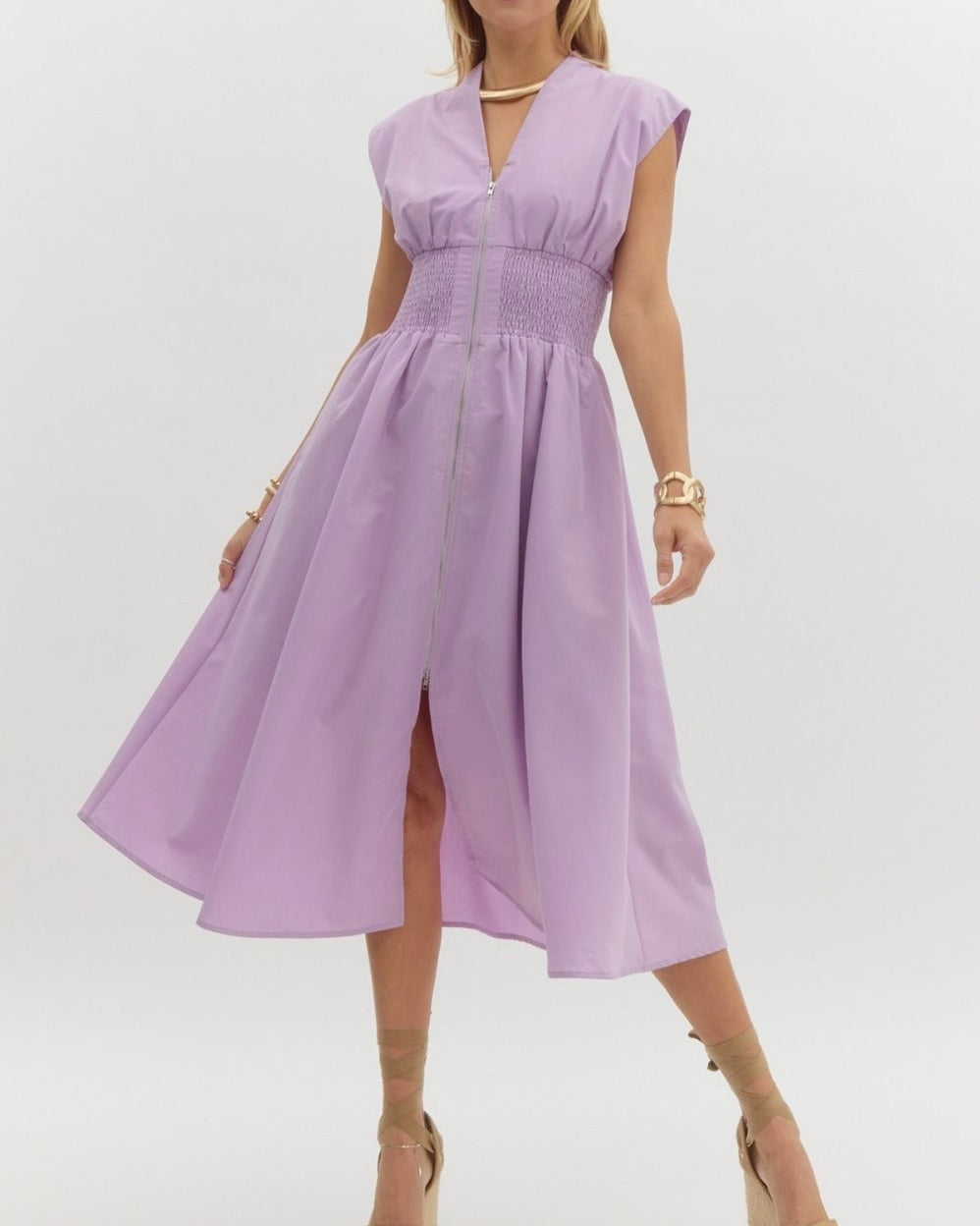 Solid V-Neck Sleeveless Midi Dress in Lavender