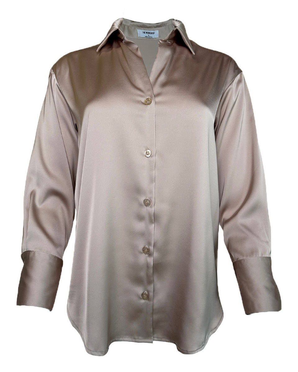 Solid Satin Button Down Shirt in Light Taupe