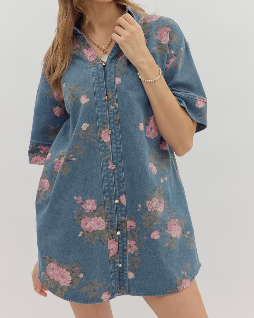Button Front Floral Mini Denim Dress - Blackbird Boutique