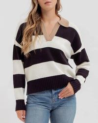 Stripe Contrast Collar Long Sleeve Knit Sweater