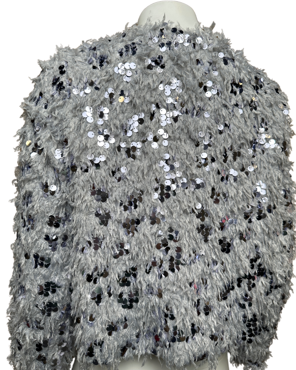 Feathered Sequin Cardigan in Silver - Blackbird Boutique