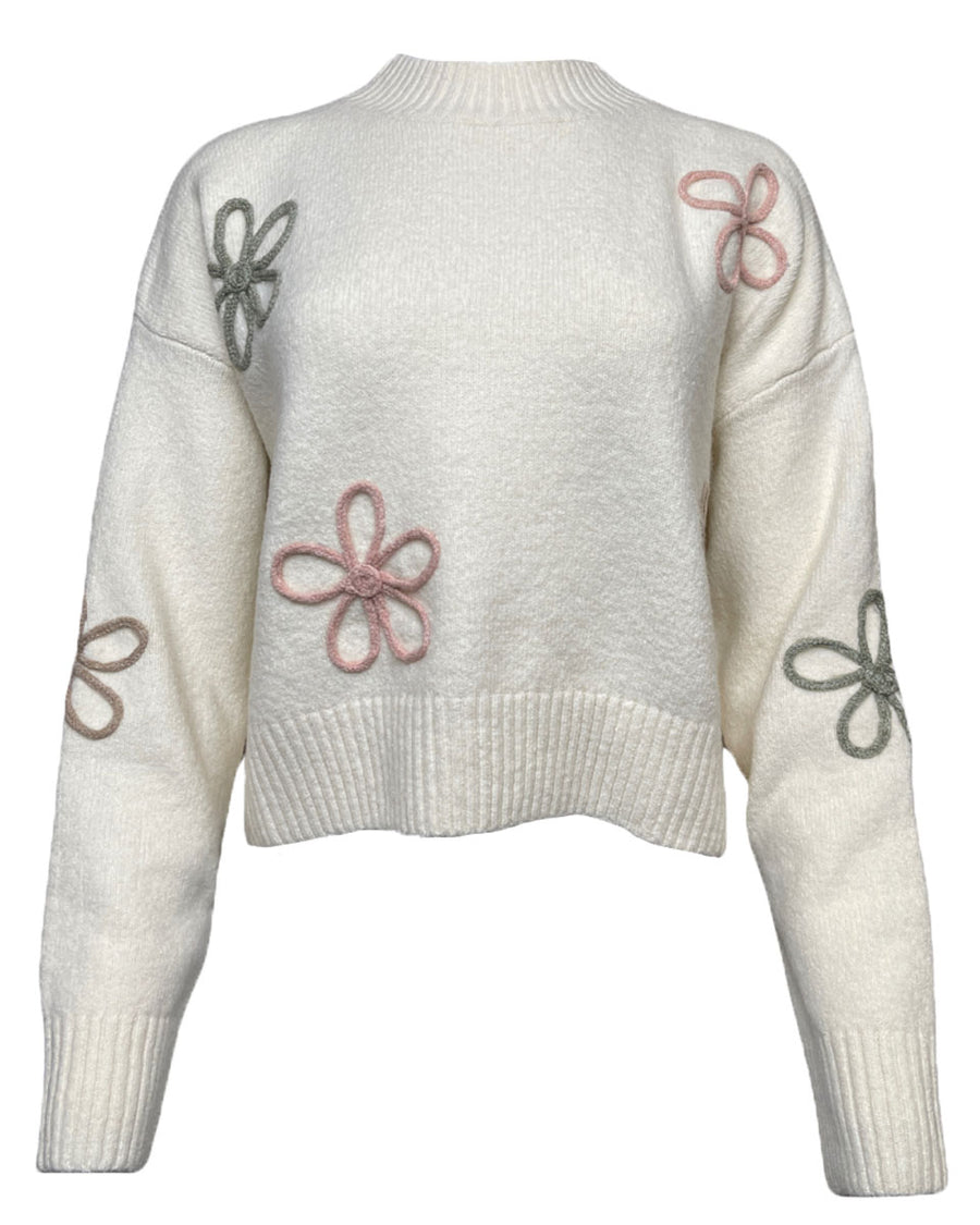 Soft Mock Neck Sweater with Floral Appliques in Cream