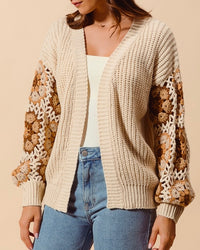 Open Front Cardigan with Floral Crochet Sleeve - Oatmeal - Blackbird Boutique