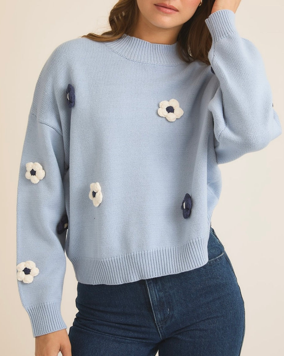 Mock Neck Floral Knit Sweater in Baby Blue