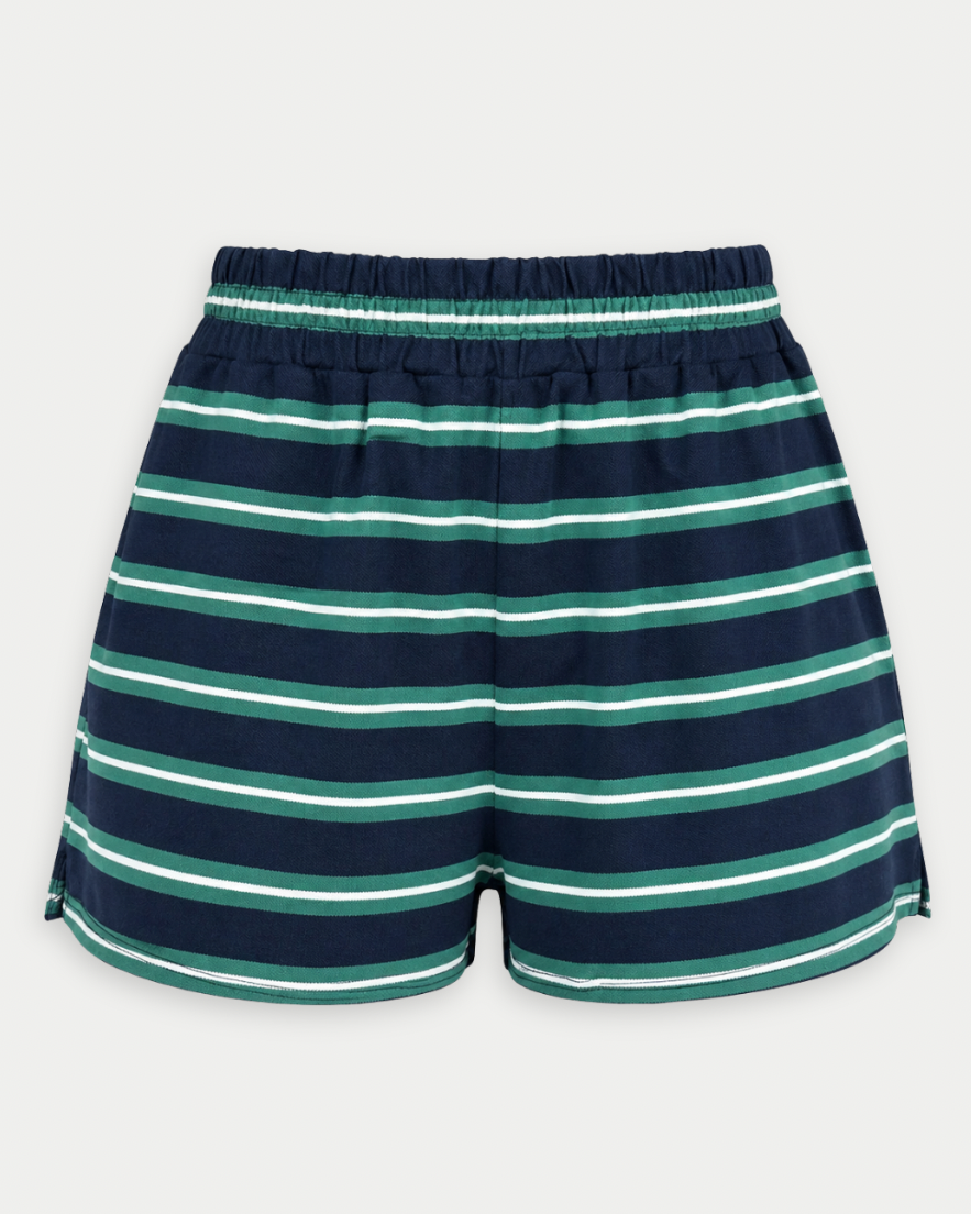 Navy and green striped shorts on a white background