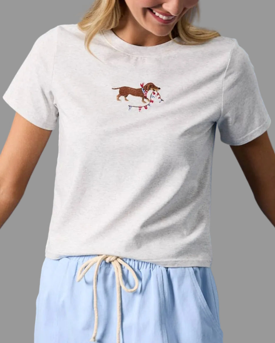 Model wearing a white t-shirt with a USA Dog embroidered graphic design with a neutral background