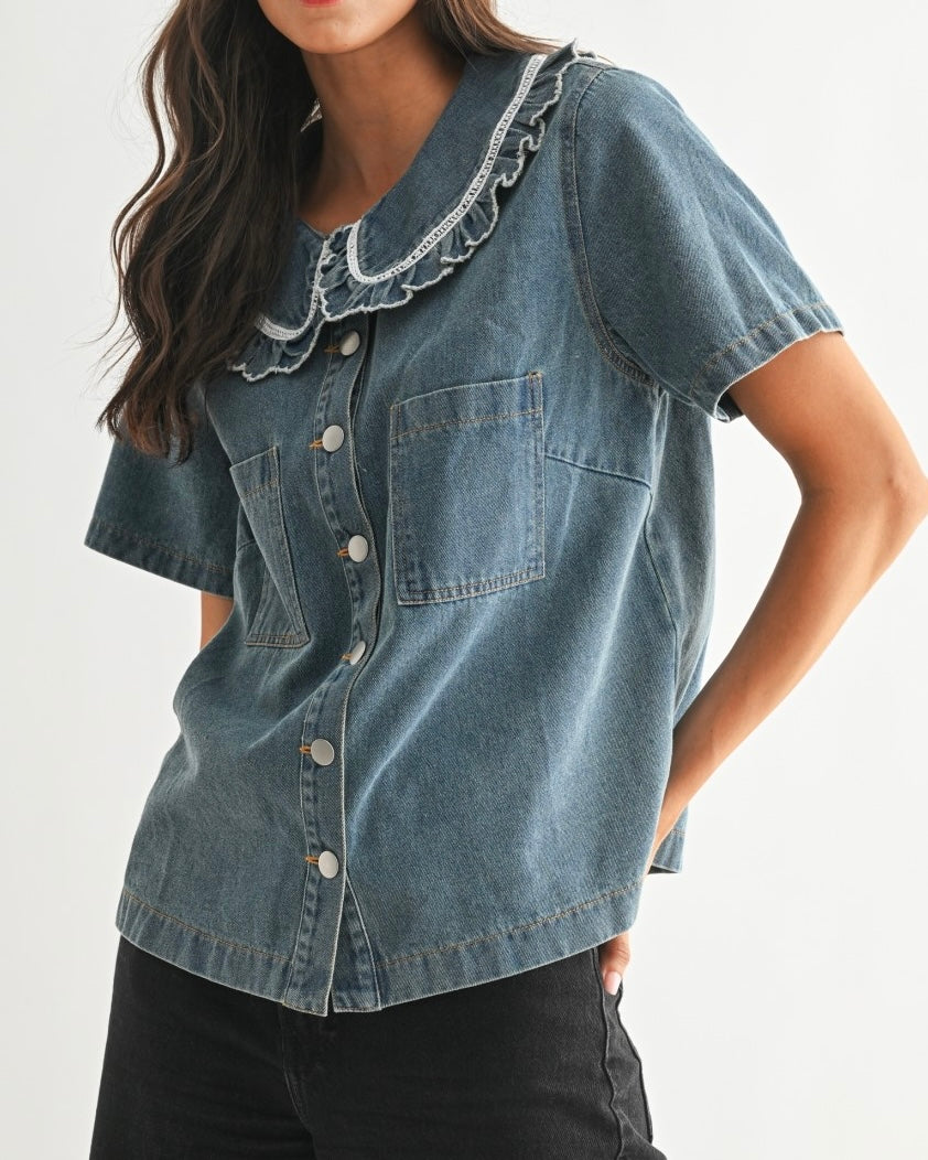 Denim Blouse with Ruffled Collar - Blackbird Boutique