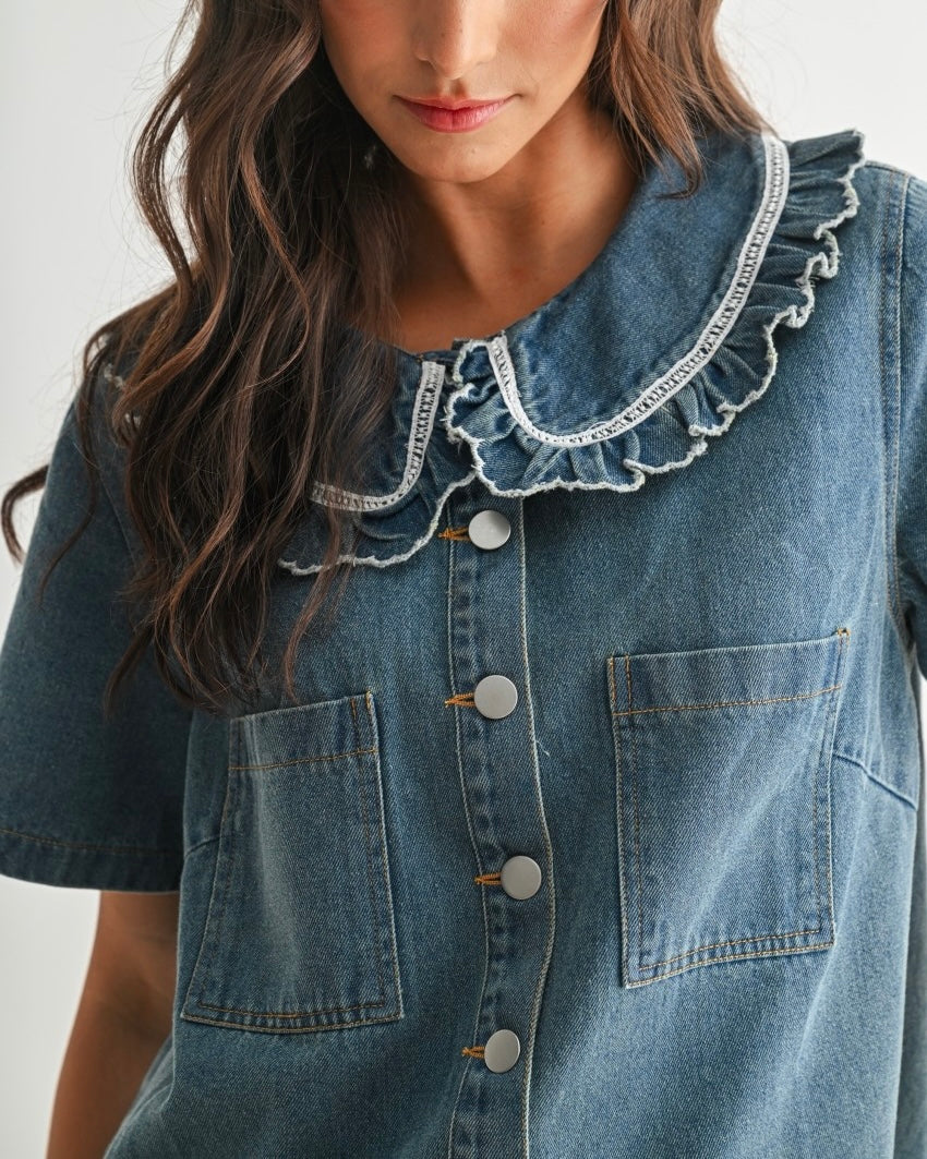 Denim Blouse with Ruffled Collar - Blackbird Boutique