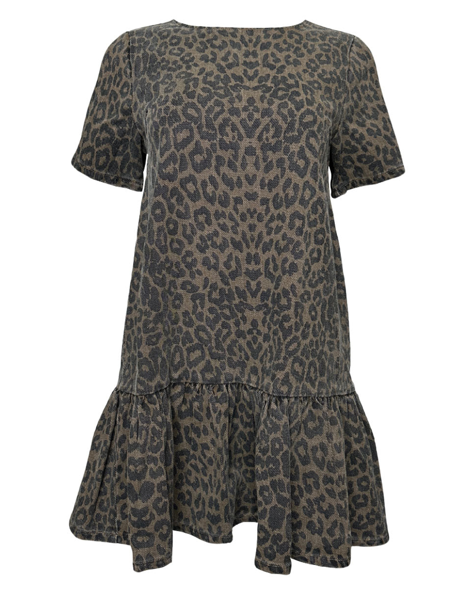 Washed Denim Leopard Print Drop Waist Dress