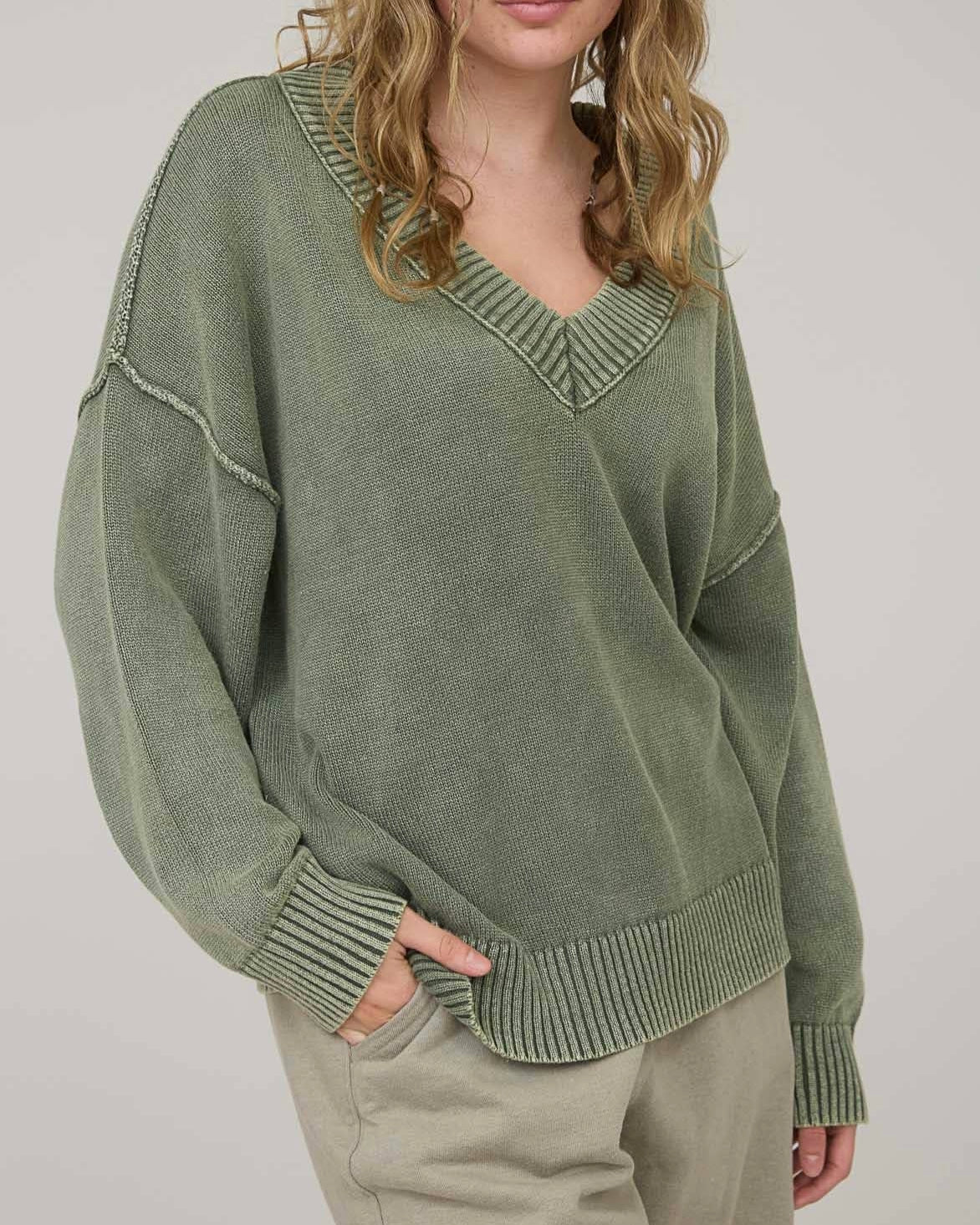 Washed V-Neck Oversized Sweater - Blackbird Boutique