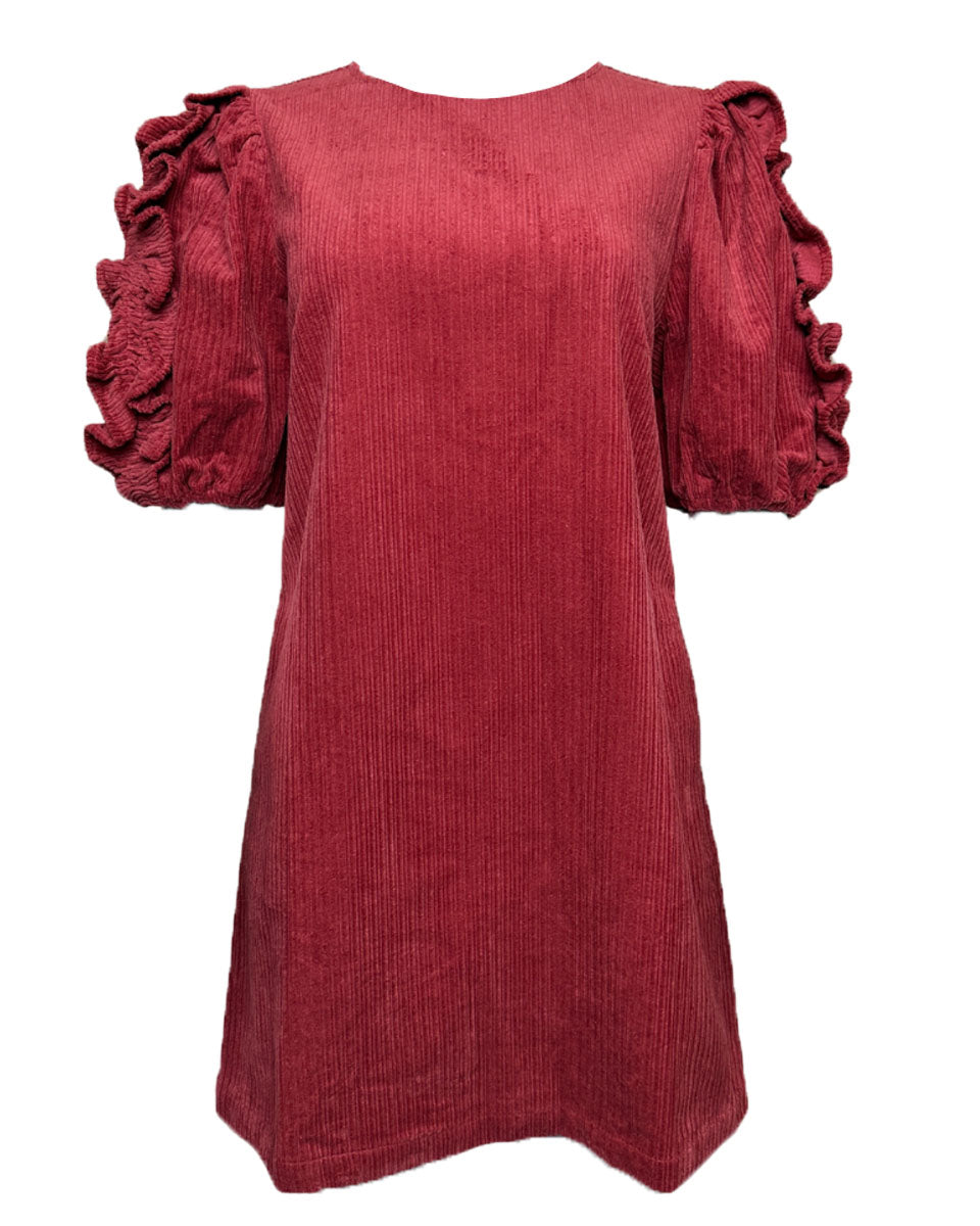 Corduroy Dress with Accent Sleeve in Marsala - Blackbird Boutique