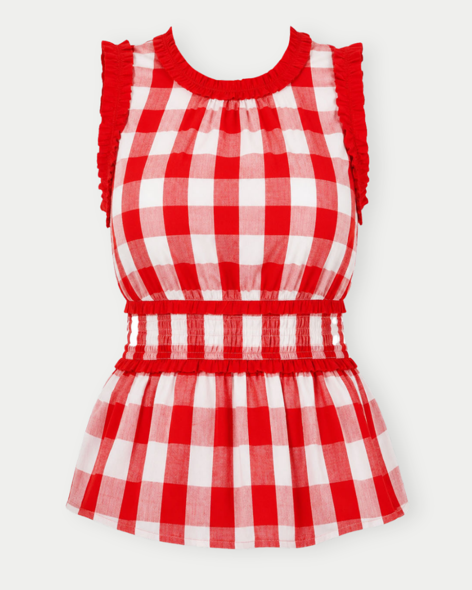 Red and white checkered dress with ruffled sleeves on a light gray background