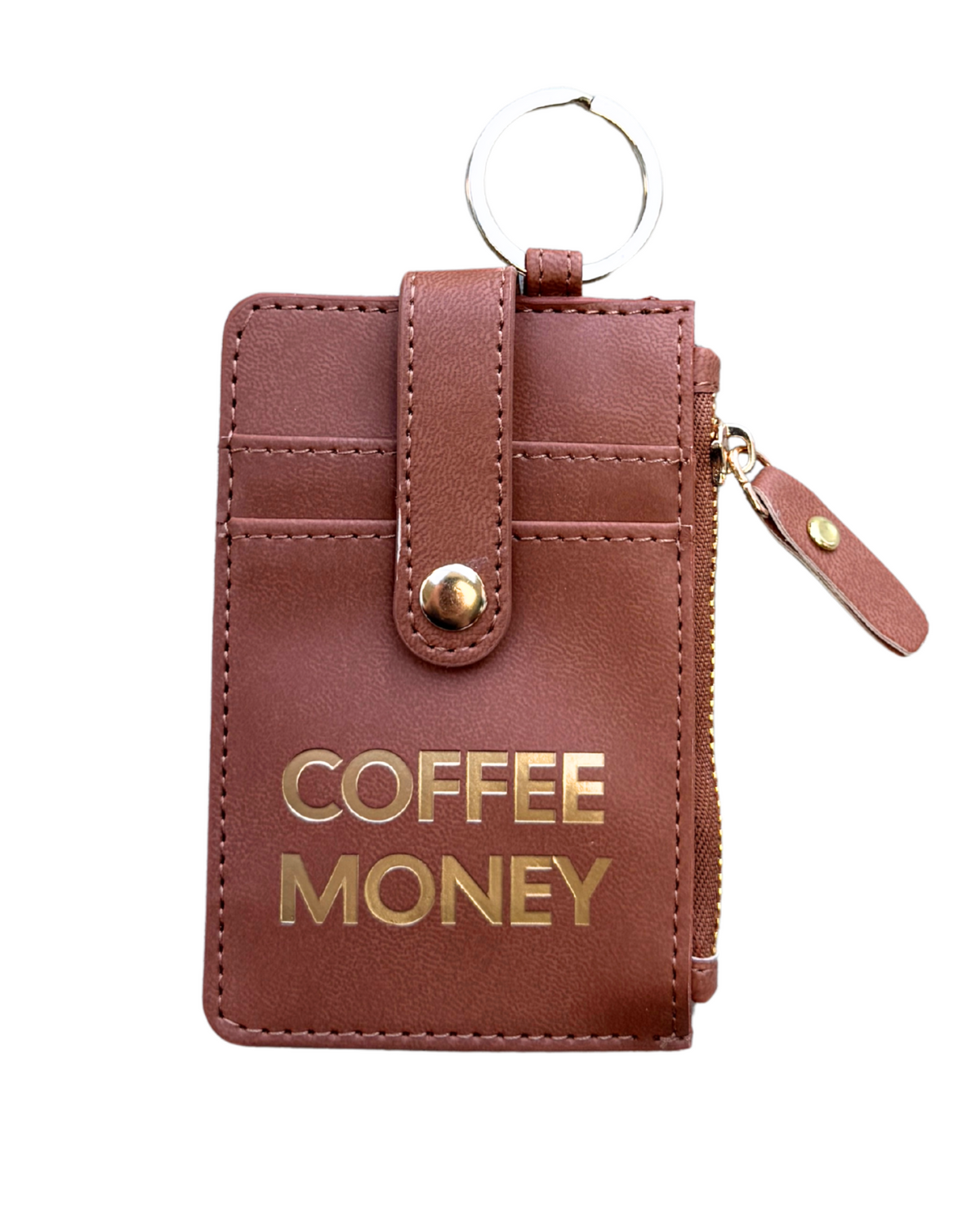 A brown faux-leather card holder keychain wallet with gold metal hardware, featuring the words 'COFFEE MONEY' in gold lettering on the front, a snap button closure, card slots, a zipper pocket, and a key ring.