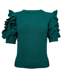 RUFFLE DETAIL PULL ON SWEATER - PINE GREEN