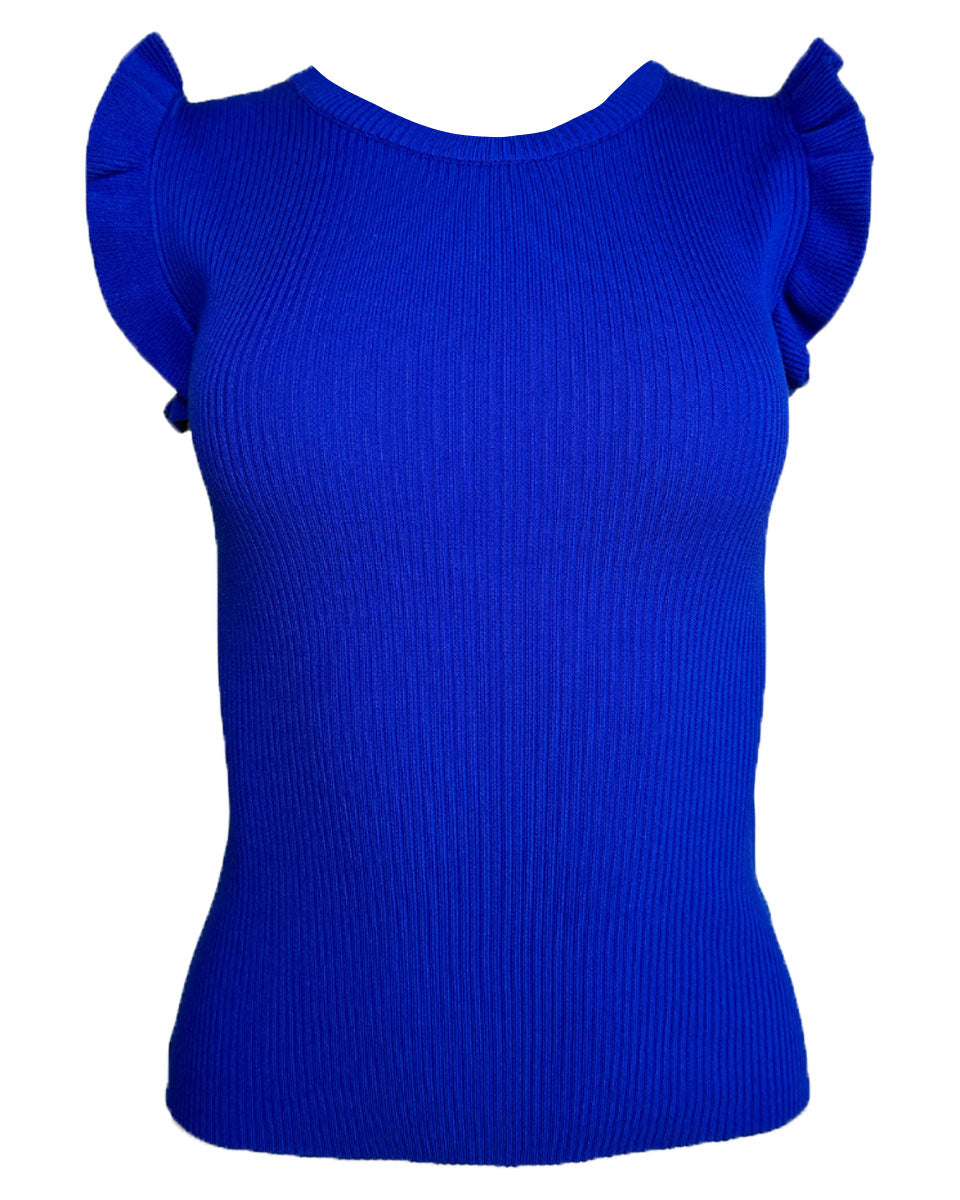 Ruffle Sleeve Ribbed Knit Top in Royal Blue