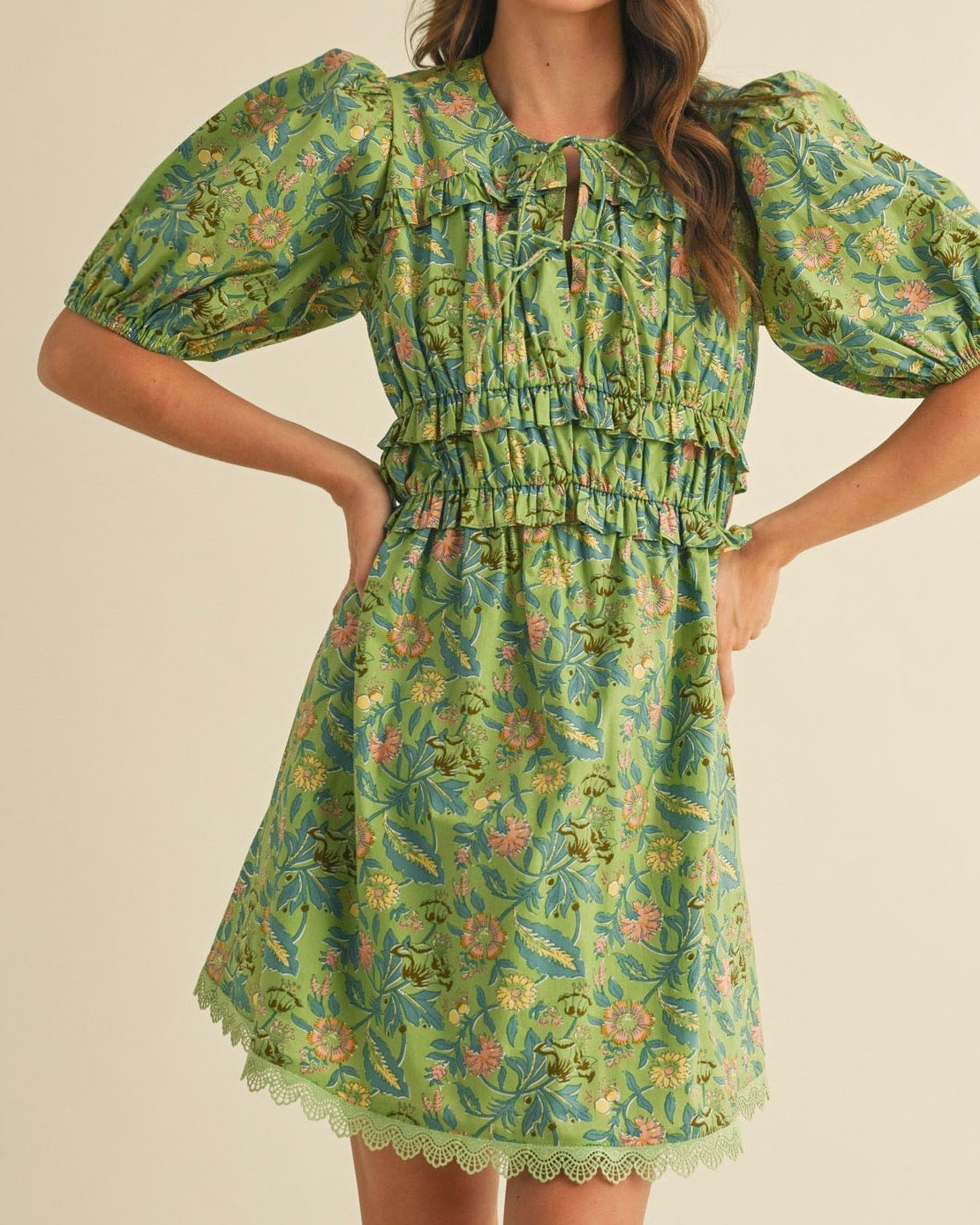 Multi Floral Dress is Sage/Olive