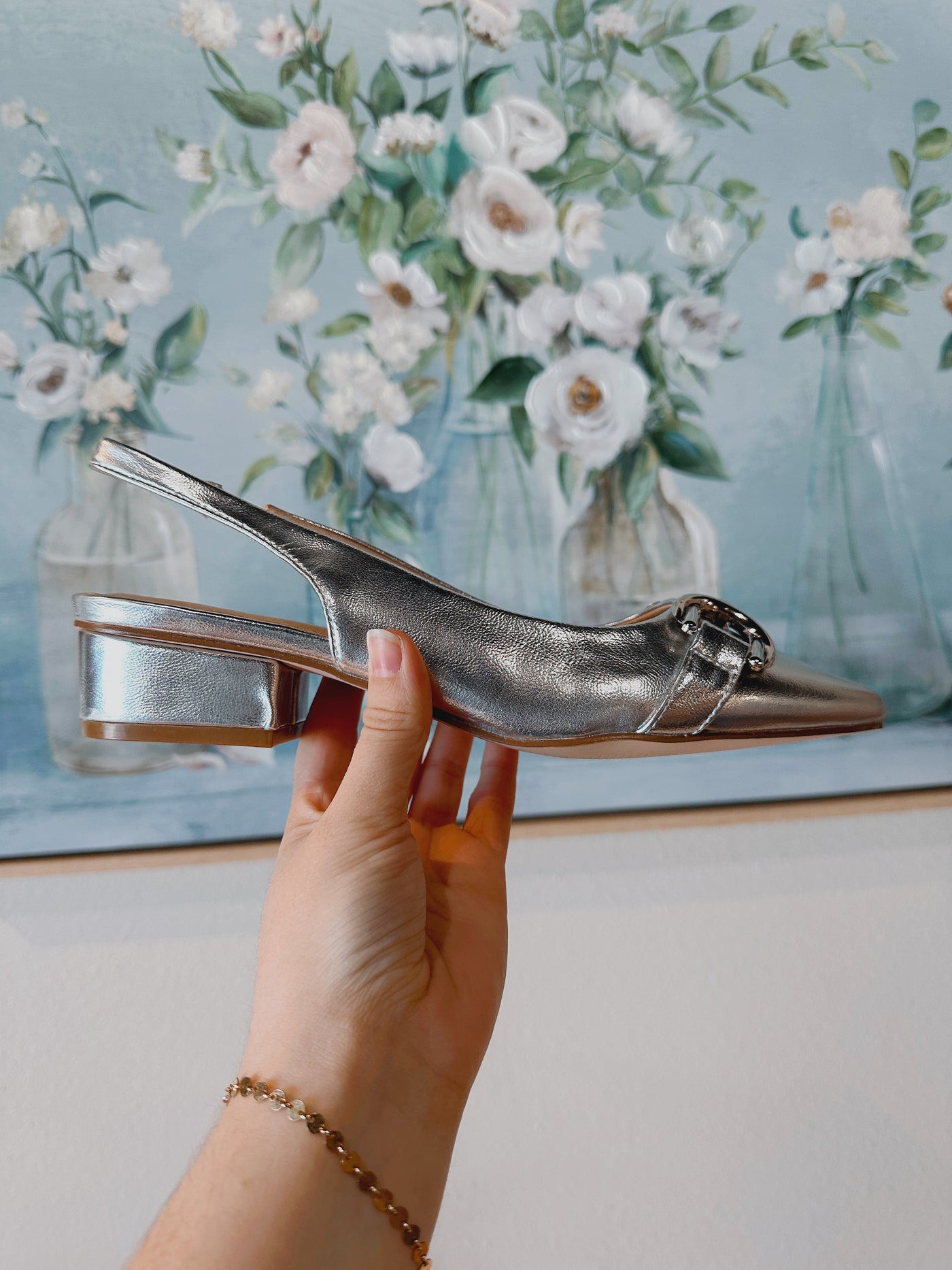 SLINGBACK BLOCK HEEL SANDAL IN SILVER - Blackbird Boutique