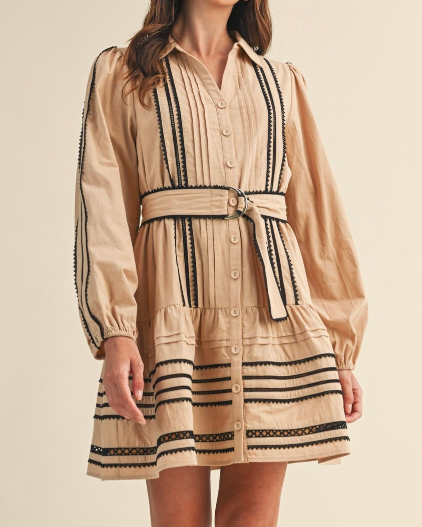Long Sleeve Shirt Mini Dress in Tan and Black