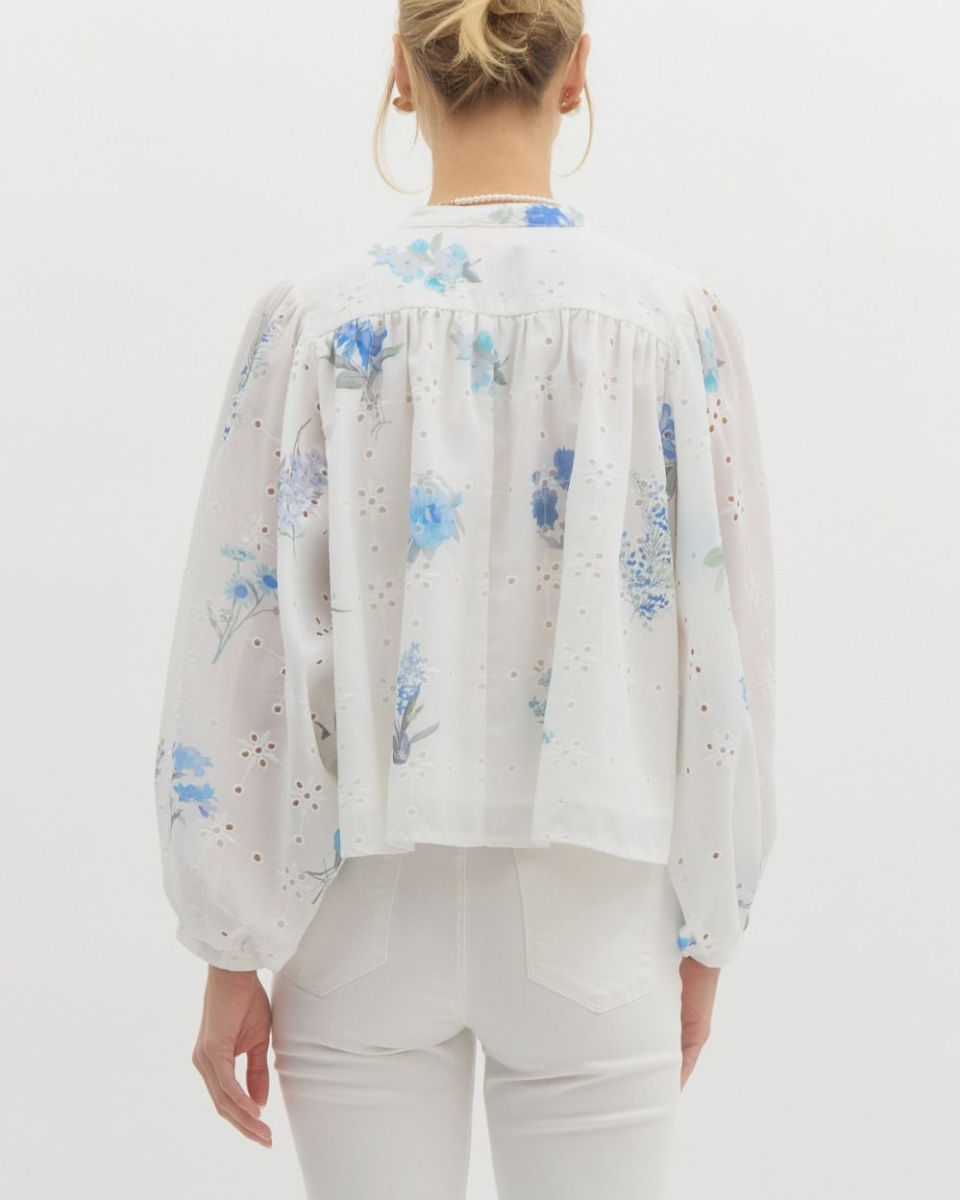 Floral Print Eyelet Dolman Sleeve Top In Blue Combo