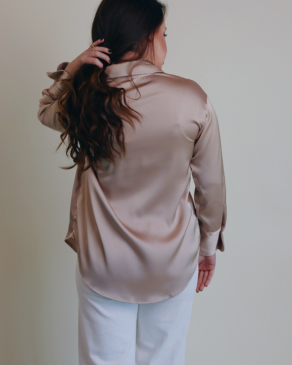 Solid Satin Button Down Shirt in Light Taupe - Blackbird Boutique