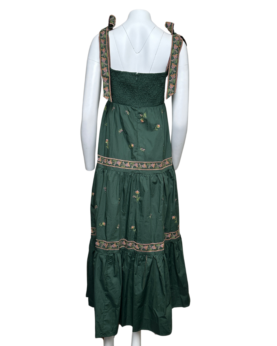 EMBROIDERED TIERED MAXI DRESS - HUNTER GREEN - Blackbird Boutique