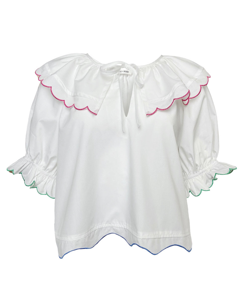 Poplin Top With Multi Colored Scallop Edges in White - Blackbird Boutique