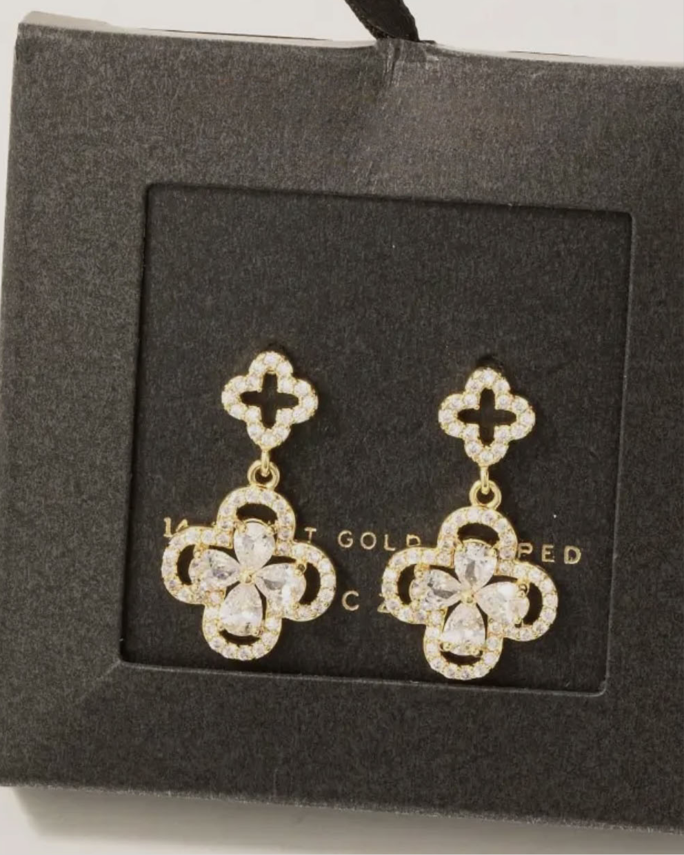 Gold Dipped Cz Pave Double Clover Drop Earrings - Blackbird Boutique