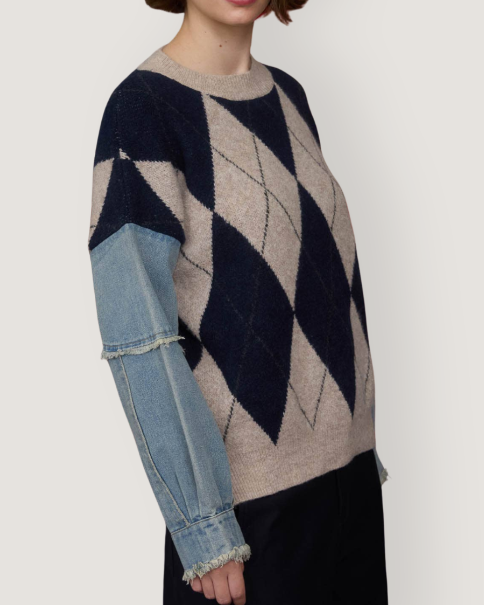 Argyle Distressed Denim Sleeve Knit Sweater