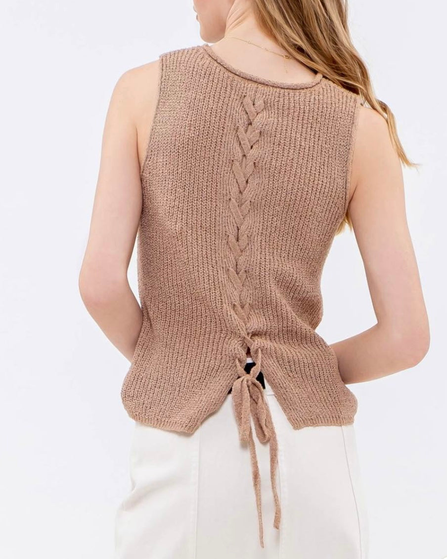 Crochet Sweater Knit Tank Top With Laced Detail Back in Tan