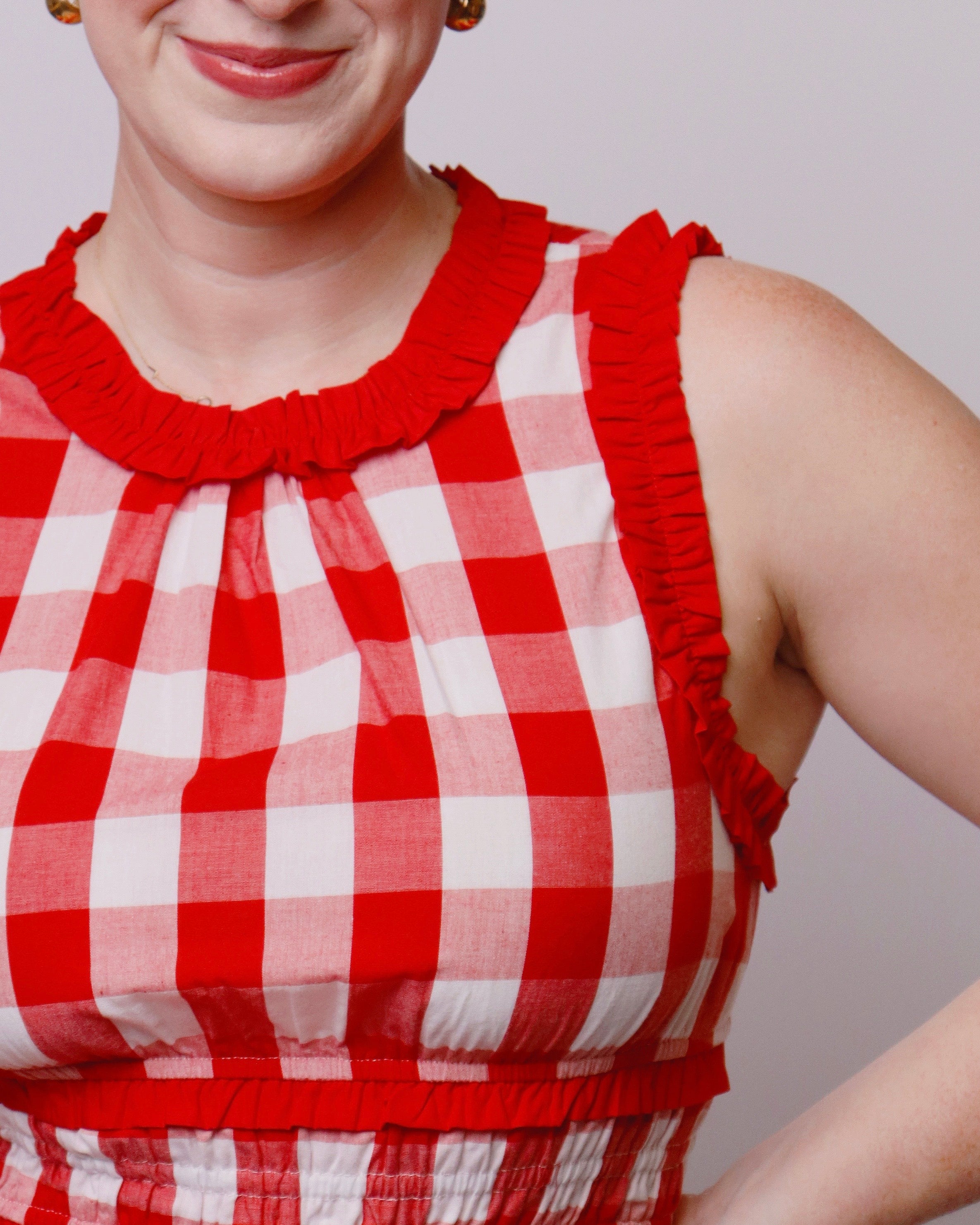 Candace Gingham Sleeveless Peplum Top in Red
